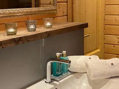 Ein Badezimmer in der Unterkunft Holzhaus Onkel Fritz mit Sauna und Whirlwanne