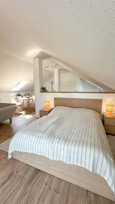 Ein Bett oder Betten in einem Zimmer der Unterkunft Loft mit Blick über Koblenz u Festung Nähe BWZK