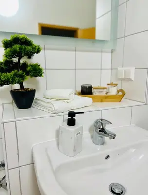 Ein Badezimmer in der Unterkunft Ganzes Haus mit einer Terrasse, Garten und Klimaanlage
