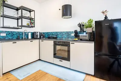 Küche/Küchenzeile in der Unterkunft Studio Loreley am Rhein, moderne & vollausgestatte 40qm, Küche, Netflix, WM
