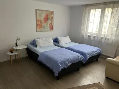 Ein Bett oder Betten in einem Zimmer der Unterkunft Ferienwohnung 2 in direkter Nähe zum Rhein
