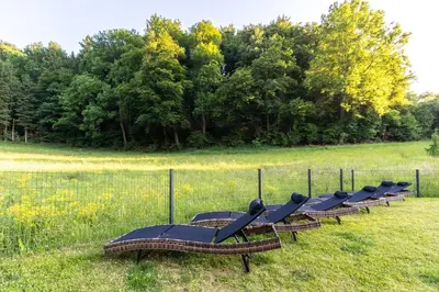 Ein Garten an der Unterkunft Wellness-Chalet am Badesee für bis zu 10 Personen