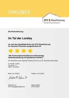 Ein Zertifikat, Auszeichnung, Logo oder anderes Dokument, das in der Unterkunft Im Tal der Loreley ausgestellt ist