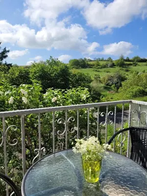 Ein Balkon oder eine Terrasse in der Unterkunft Ferienhaus Schwalbennest Schalkenmehren