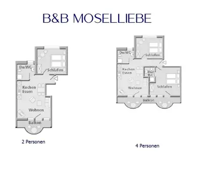 Grundriss der Unterkunft Wohnung 2 Pers 1 Schlafzimmer und Wohnzimmer mit Balkon und Blick auf die Mosel